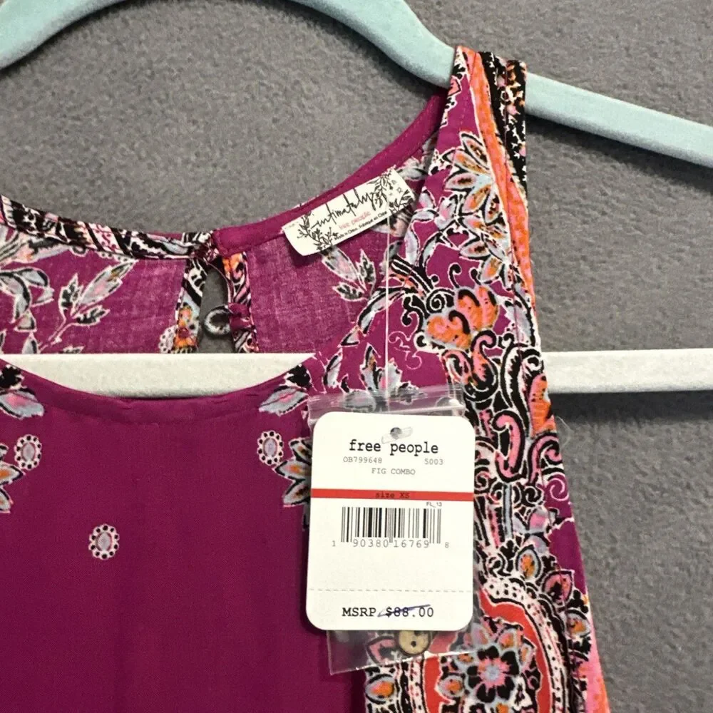 NWT Free People‎ Darjeeling Printed Slip Dress Size XS Magenta Boho Festival